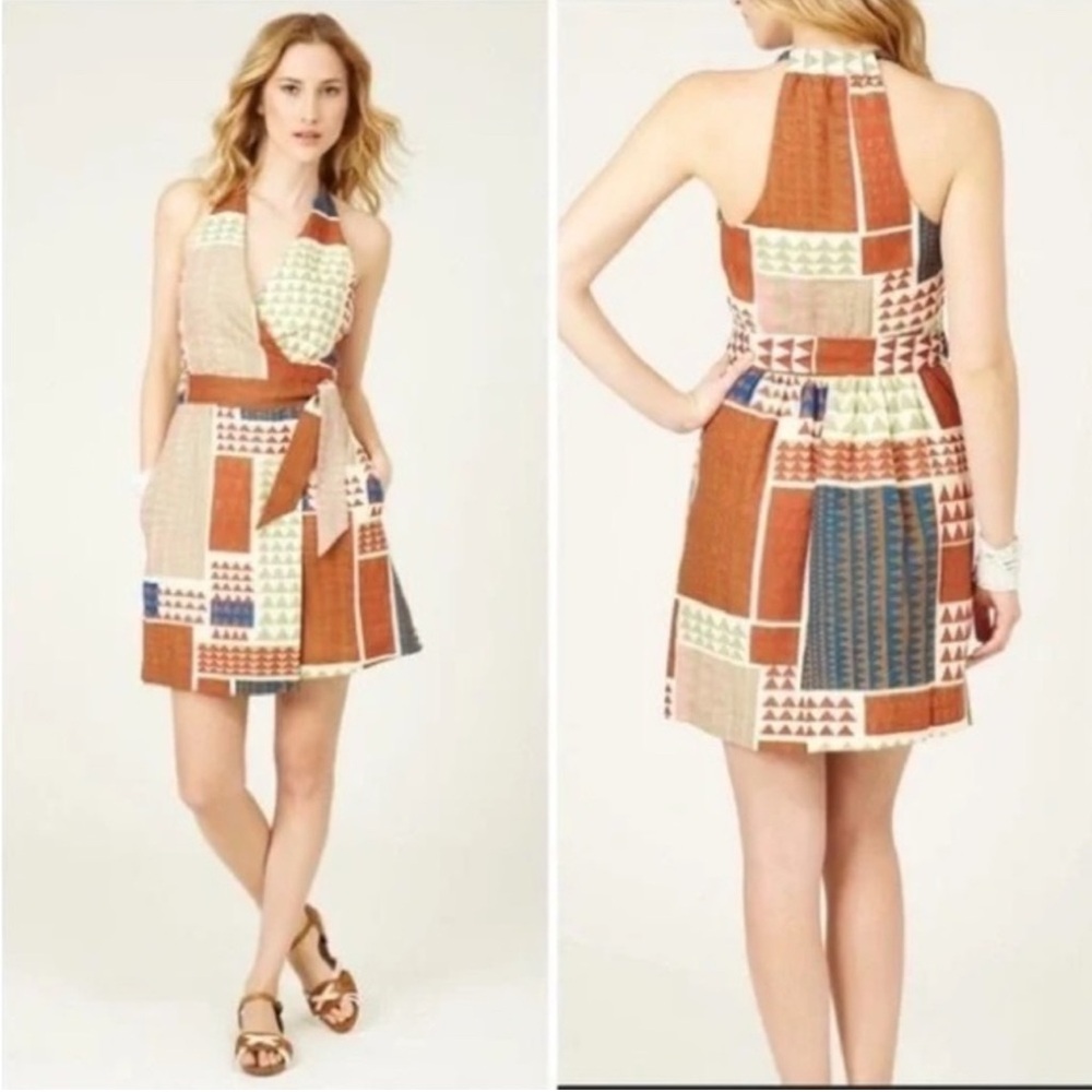 Calypso St Barth Geometric Print Linen Wrap Dress Halter Neck Size Large